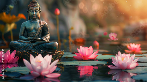Serene Buddha Statue Amidst Lotus Flowers Signifying Peace and Enlightenment