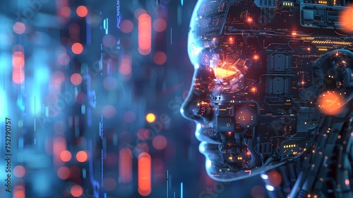 Futuristic Robot Head in Ethereal City Scene, To convey the concept of artificial intelligence and the future of technology in a visually striking photo