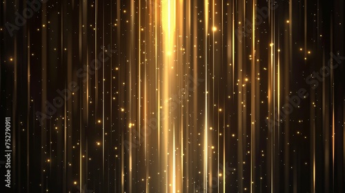 Abstract glowing gold vertical lighting lines on dark background with lighting effect and sparkle with copy space for text. Luxury design style. Vector illustration 