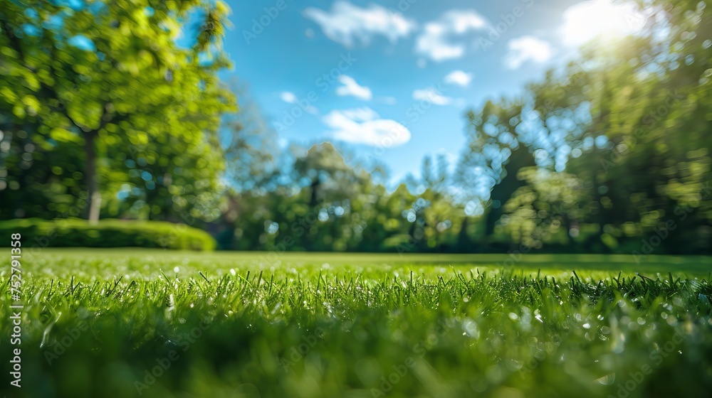 Beautiful blurred background image of spring nature with a neatly trimmed lawn surrounded by trees against a blue sky with clouds on a bright sunny day. 