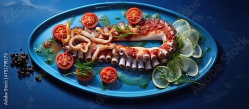 Exotic Delicacy: Succulent Octopus Tentacles Served with Zesty Tomatoes and Fresh Lemons