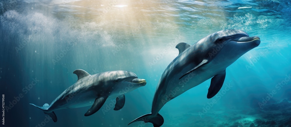 Graceful Pair of Dolphins Frolic in the Clear Blue Waters of the Ocean Depths Graceful Pair of Dolphins Frolic in the Clear Blue Waters of the Ocean Depths