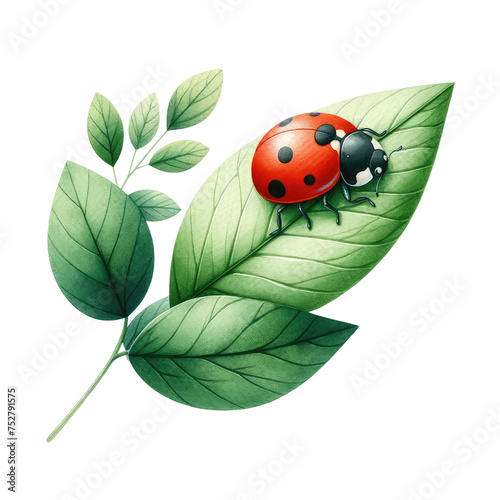 Ladybug crawling on green leave. watercolor illustration, funny little insect collection. Spring and summer vector illustration. © JR BEE