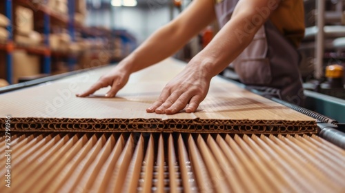 Worker's hands producing corrugated cardboard in a manufacturing plant.