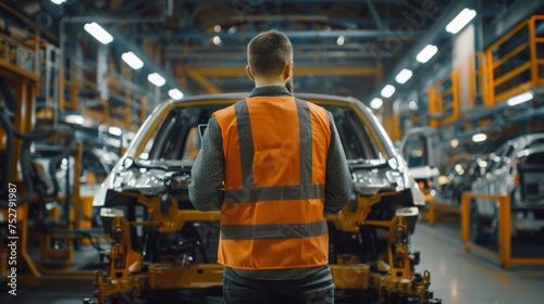 Automobile factory engineer inspects completeness