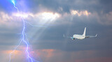 Airplane in the sky with thunder and lightning