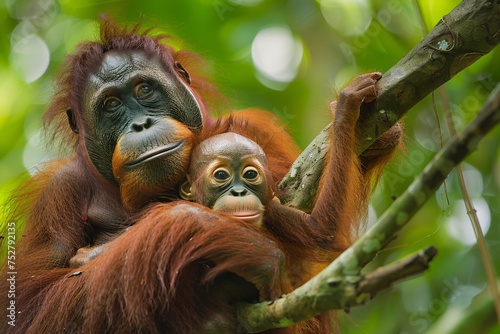 Orangutan Mom and Baby Enjoy a Tree-Top Picnic Generative AI