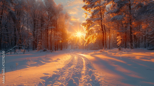 beautiful snowy winter landscape panorama with forest and sun. winter sunset in forest panoramic view. sun shines through snow covered trees. © Matthew