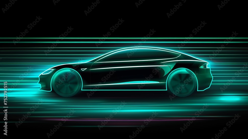 Green neon glowing in the dark electric car on high speed running concept. Fast ev silhouette. Vector illustration 