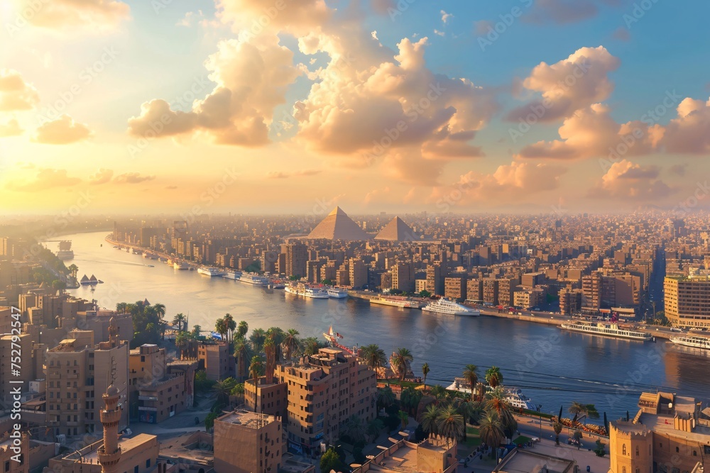 Naklejka premium Sunset in the City A Glimpse of the Urban Skyline Generative AI