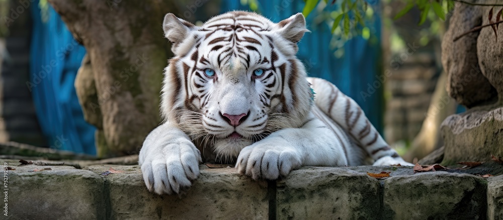 Majestic White Tiger Resting on a Rocky Outcrop in the Wild Tiger Habitat