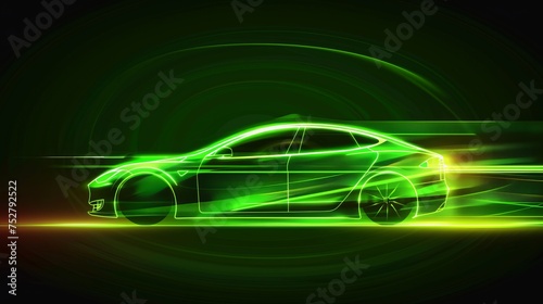 Green neon glowing in the dark electric car on high speed running concept. Fast ev silhouette. Vector illustration 