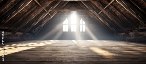 Enigmatic Attic Ambiance  Sunlight Filtering Through Rustic Beams in a Mysterious Loft Space