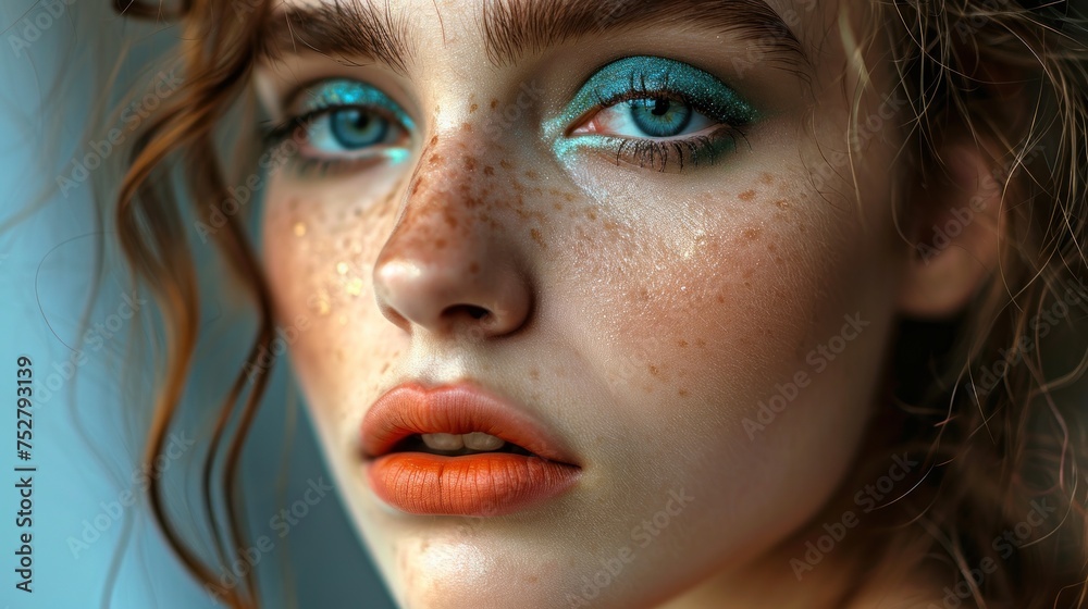 Young woman with beautiful bright green eyes with shining blue shadows, beige lipstick and expressive eyebrows, pitted look of colored paper, fashion, beauty, make-up, cosmetics, salon style Young woman with beautiful bright green eyes with shining blue shadows, beige lipstick and expressive eyebrows, pitted look of colored paper, fashion, beauty, make-up, cosmetics, salon style