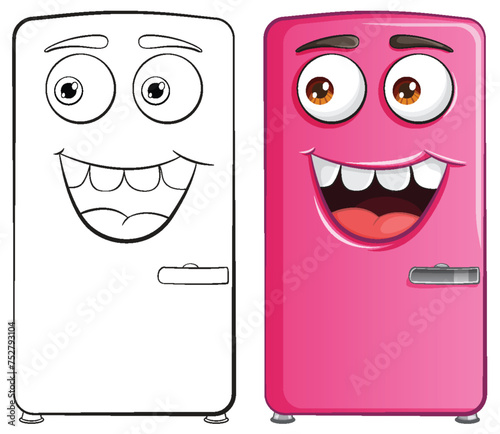 Two smiling animated fridges, one pink and one white.
