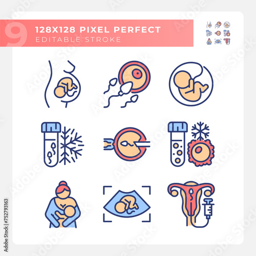 Artificial insemination RGB color icons set. Genetic material collecting. Dna freeze. Child care, breastfeeding. Isolated vector illustrations. Simple filled line drawings collection. Editable stroke