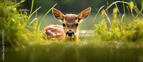 Adorable Fawn Resting in Lush Green Meadow Surrounded by Wildflowers © Ilgun