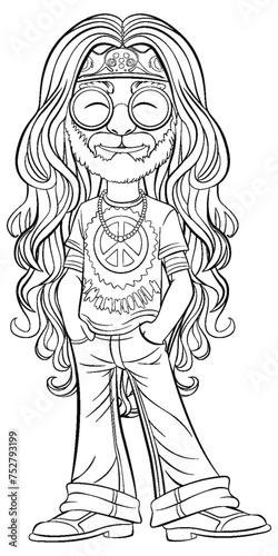 Black and white illustration of a hippie character.