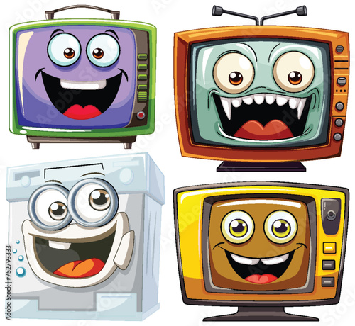 Four cartoon appliances with expressive faces