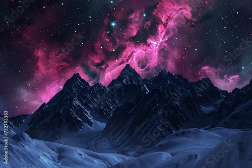 Pink Mountain Range at Night A Stunning View of the Cosmos Generative AI © Priya