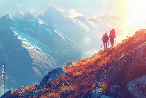 Hiking in Paradise Two Trekkers on a Mountain Generative AI photo