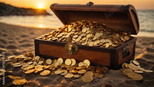A wooden treasure chest full of gold coins on the beach at sunset. A perfect illustration for saving money, investment, and treasury. photo