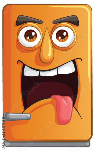 Animated fridge with a playful, mischievous expression.