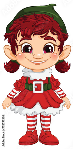Smiling elf character in red and white costume.