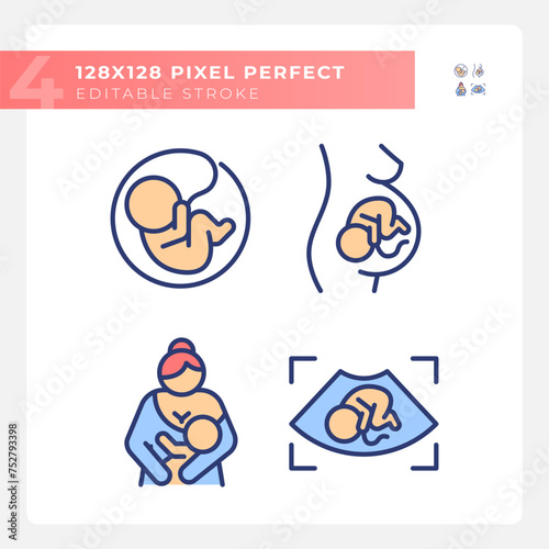 Child growth RGB color icons set. Pregnancy ultrasonography. Baby breastfeeding, maternity childcare. Isolated vector illustrations. Simple filled line drawings collection. Editable stroke