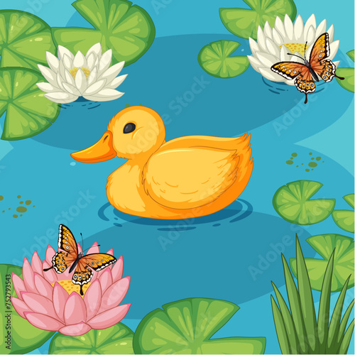 Fototapeta Naklejka Na Ścianę i Meble -  Rubber duck among lilies and butterflies illustration