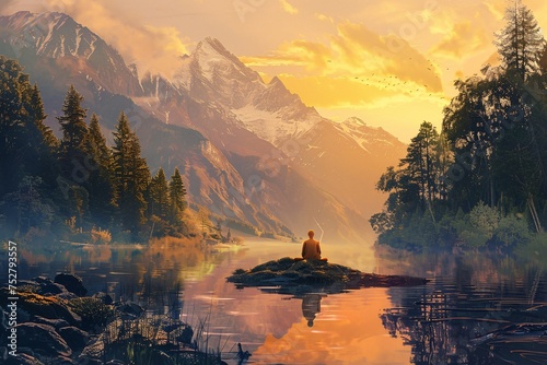 Sunset Meditation by the Lake Generative AI