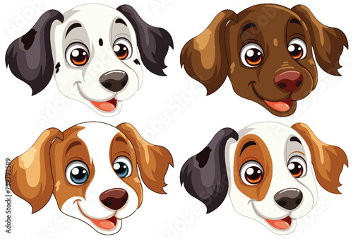 Four cute vector illustrated cartoon dog faces