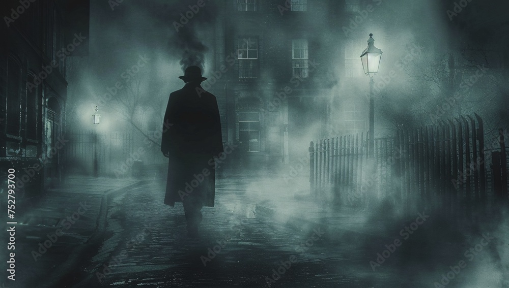 Mysterious Nighttime Stroll A Man in a Hat and Coat Generative AI