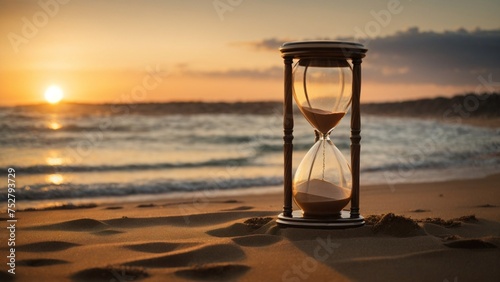 A vintage hourglass on the beach at sunset. A perfect illustration for time management.
