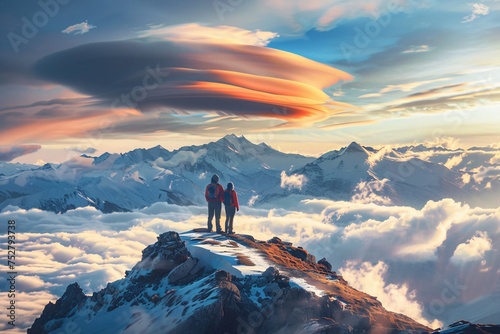 Snowy Mountain Peak with Clouds and Two Hikers Generative AI © Priya