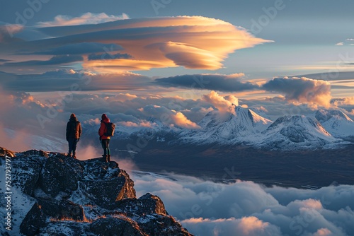 Snowy Mountain Peak Overlooks Cloudy Sunset Generative AI © Priya