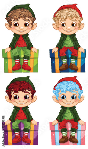 Four cheerful elves perched atop vibrant presents.