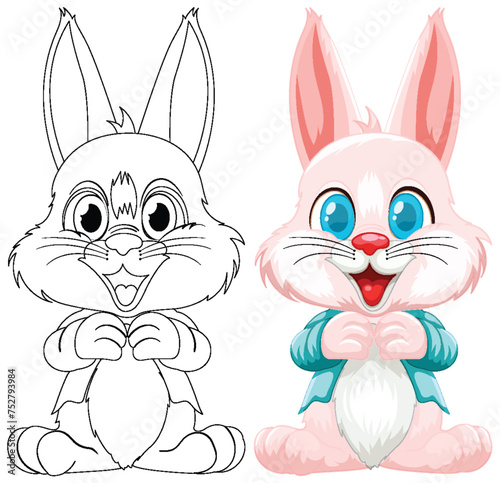 Two stylized rabbits, one sketched, one colored.