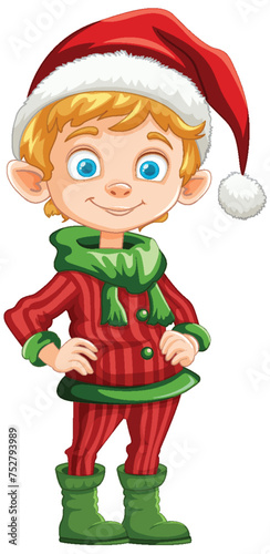 Smiling elf wearing a red Santa hat and green outfit.