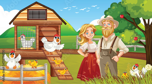 Illustration of farmers and chickens in a rural setting