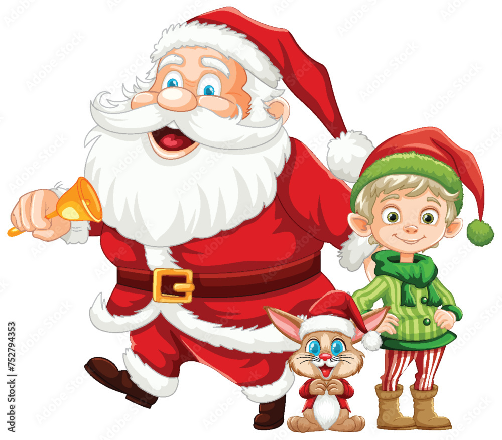 Jolly Santa ringing bell with elf and reindeer. Jolly Santa ringing bell with elf and reindeer.