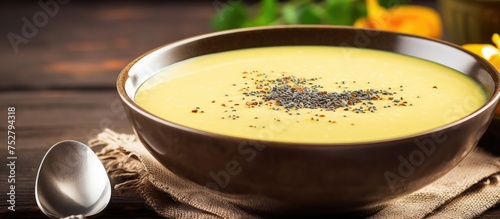 Steaming Bowl of Hearty Soup Served with a Silver Spoon and Rustic Ladle photo