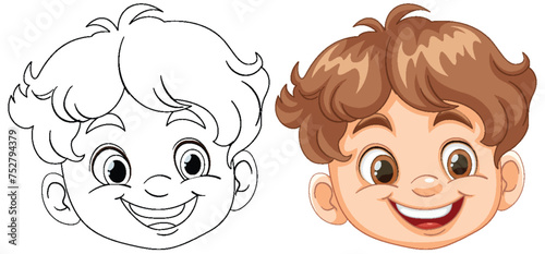 Two cartoon boy faces, one outlined, one colored