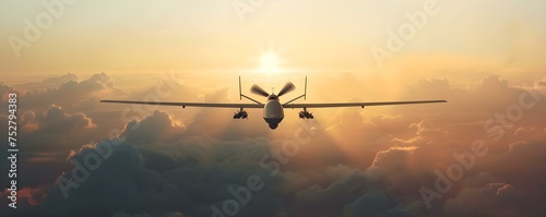 Innovative military drone soaring through the clouds symbolizing advanced technology. Concept Technology, Military, Drones, Innovation, Clouds photo