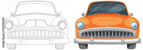 Vector illustration of a car, from outline to color