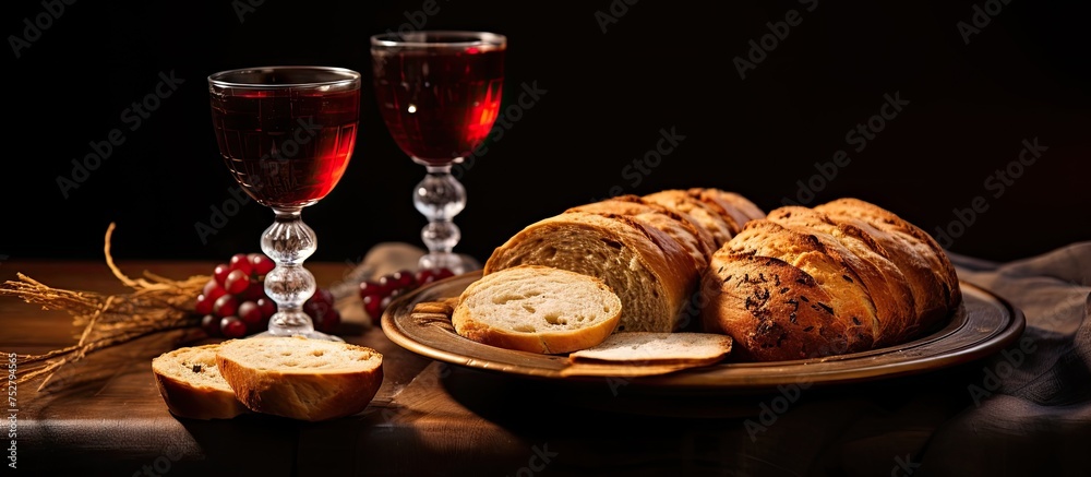 Rustic Charm: Artisan Bread and Red Wine Arranged on a Wooden Table