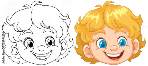 Line art and colored version of a happy child's face