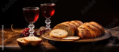 Rustic Charm: Artisan Bread and Red Wine Arranged on a Wooden Table