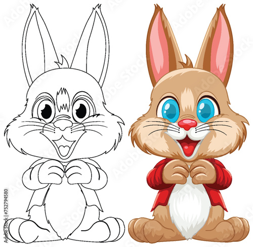 Two rabbits, one sketched and one colored, smiling.
