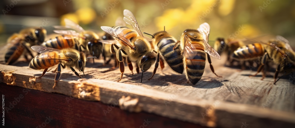 Busy Bees Gathering Honey on a Rustic Wooden Surface in a Beekeeping Adventure Busy Bees Gathering Honey on a Rustic Wooden Surface in a Beekeeping Adventure